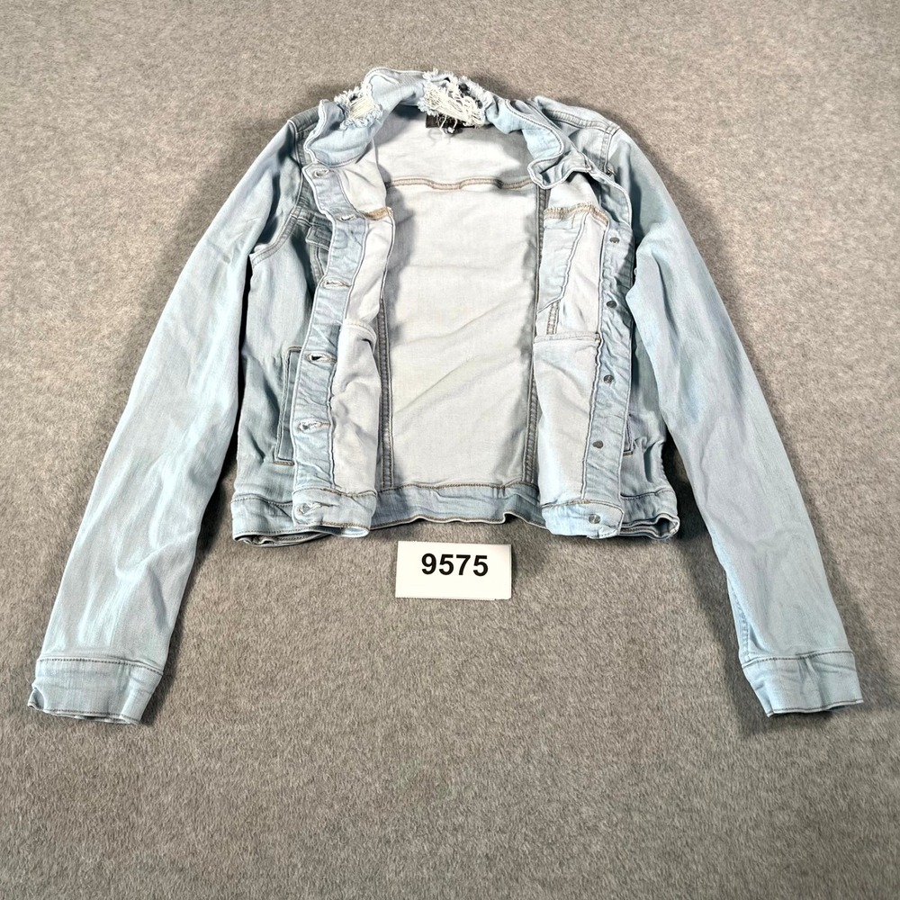 JUSTUSA Jacket Womens Large Light Blue Denim Cotton‎ Collared Distressed Casual